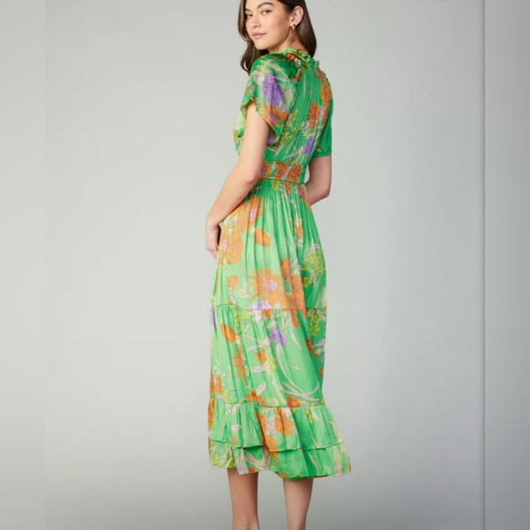 Current Air Women Green V Neck Flowy Floral Pattern Pleated Maxi Dress Size S - Picture 3 of 7